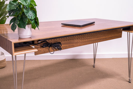 back panel of contemporary walnut desk for cable management