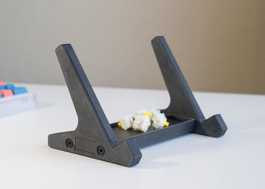 front of of black 3D printed PLA keyboard stand with silicone padding for mechanical keyboards