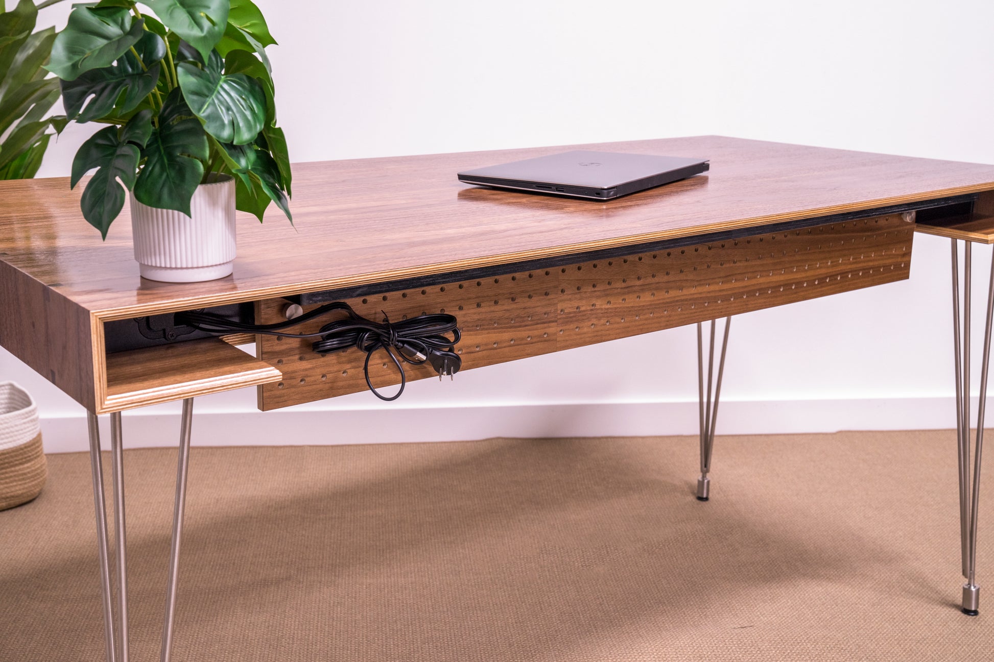 back panel of contemporary walnut desk for cable management
