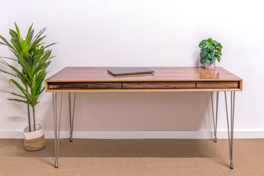 front view of 3 drawer contemporary walnut desk 