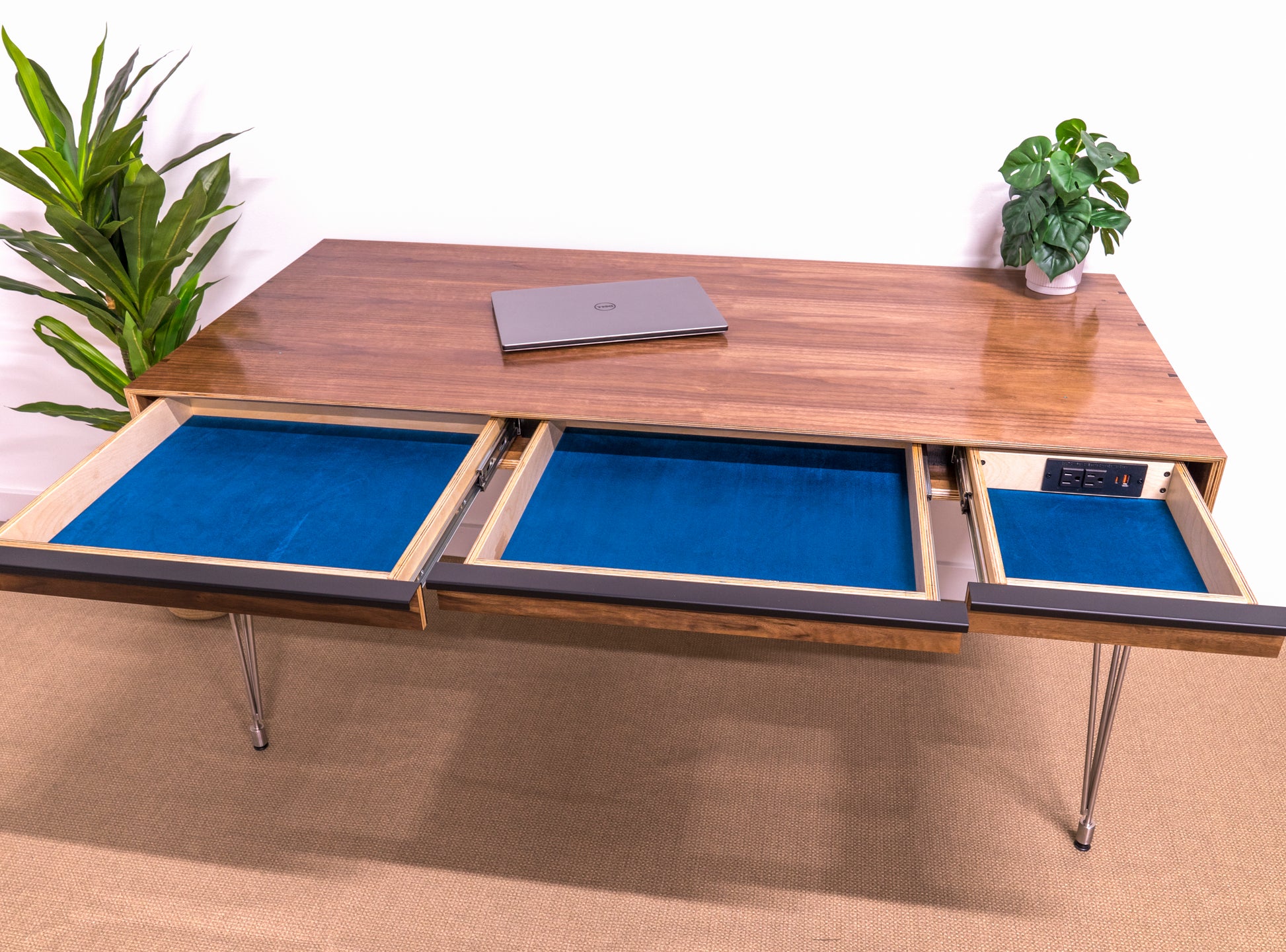 view of contemporary walnut desk with drawers open 
