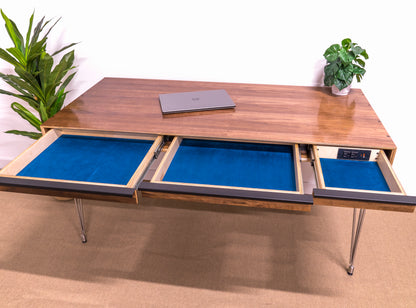view of contemporary walnut desk with drawers open 