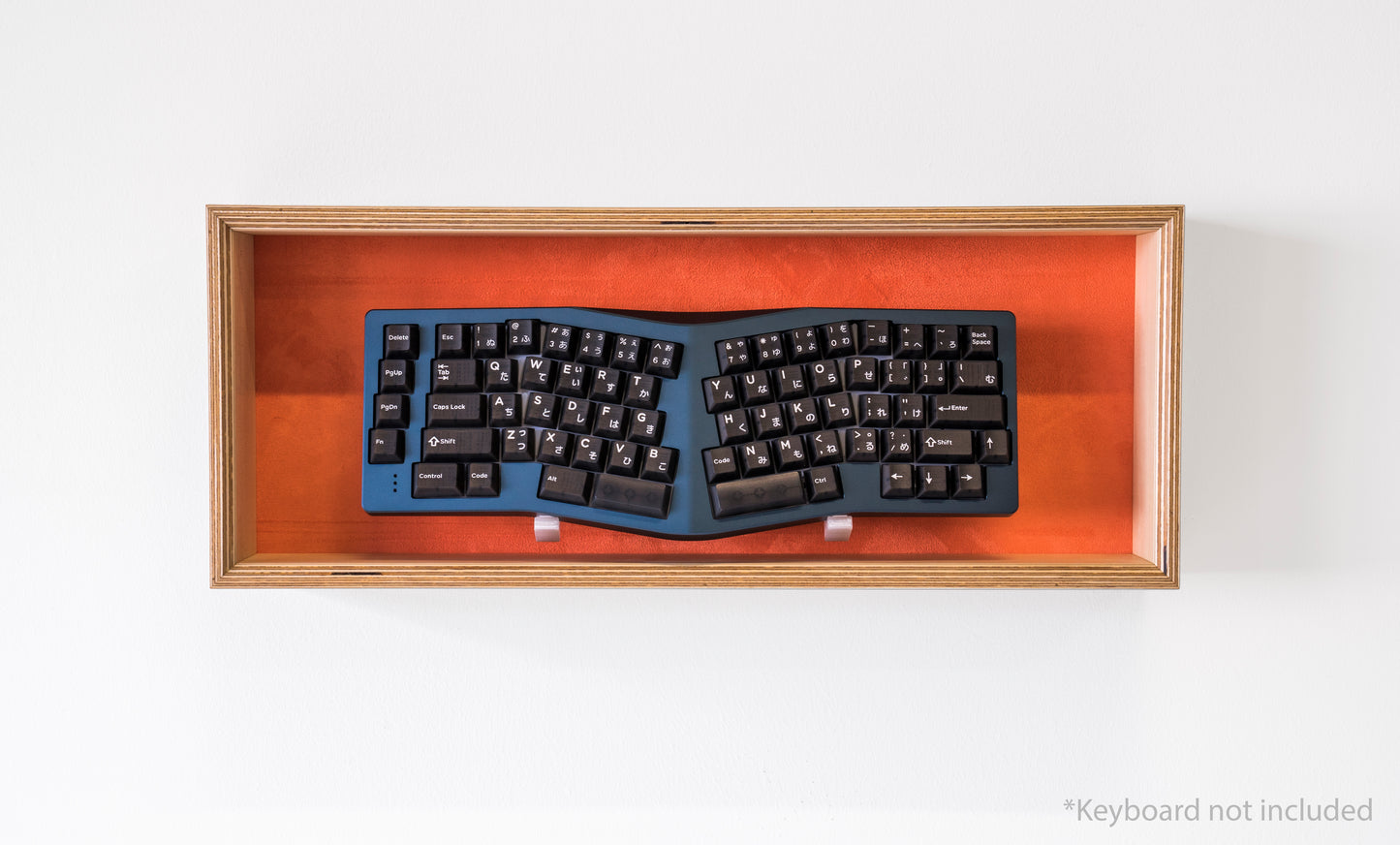 front view of maple and orange display box for mechanical keyboards