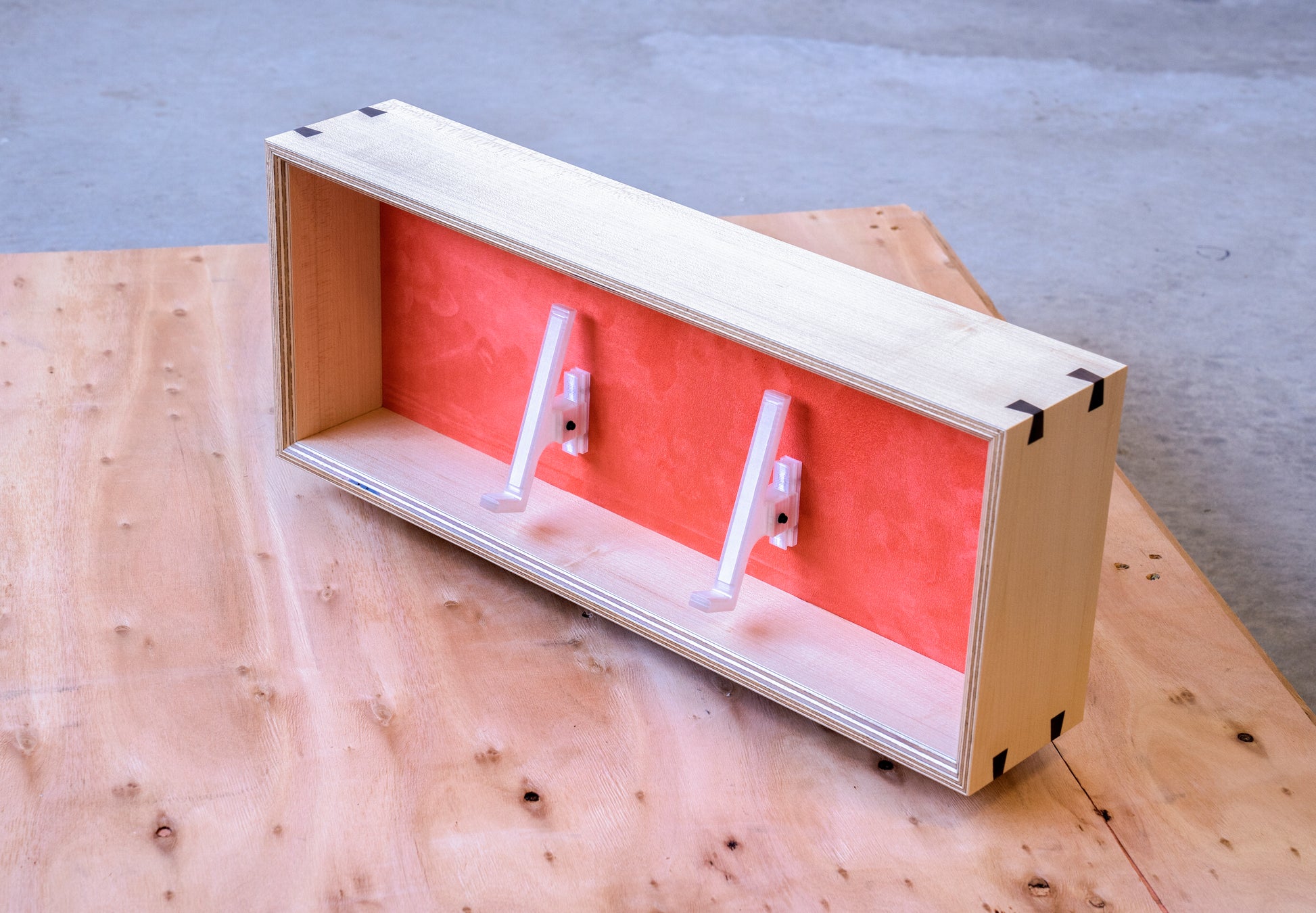 top view of maple and orange display box for mechanical keyboards