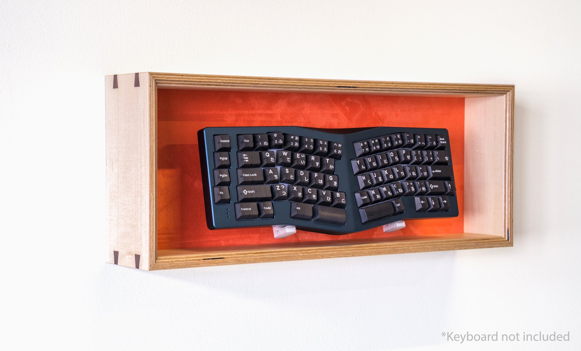 side view of maple and orange display box for mechanical keyboards