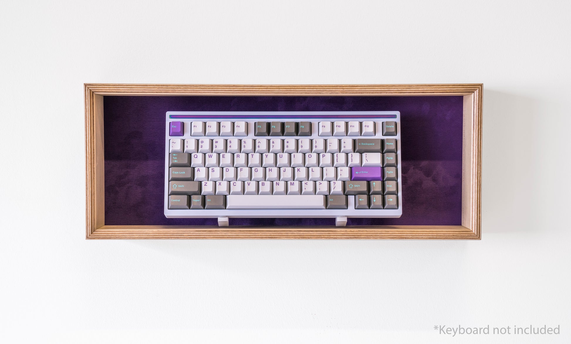 front view of maple and purple display box for mechanical keyboards