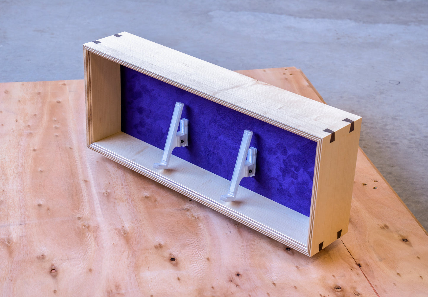 top view of maple and purple display box for mechanical keyboards