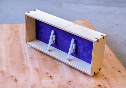 top view of maple and purple display box for mechanical keyboards