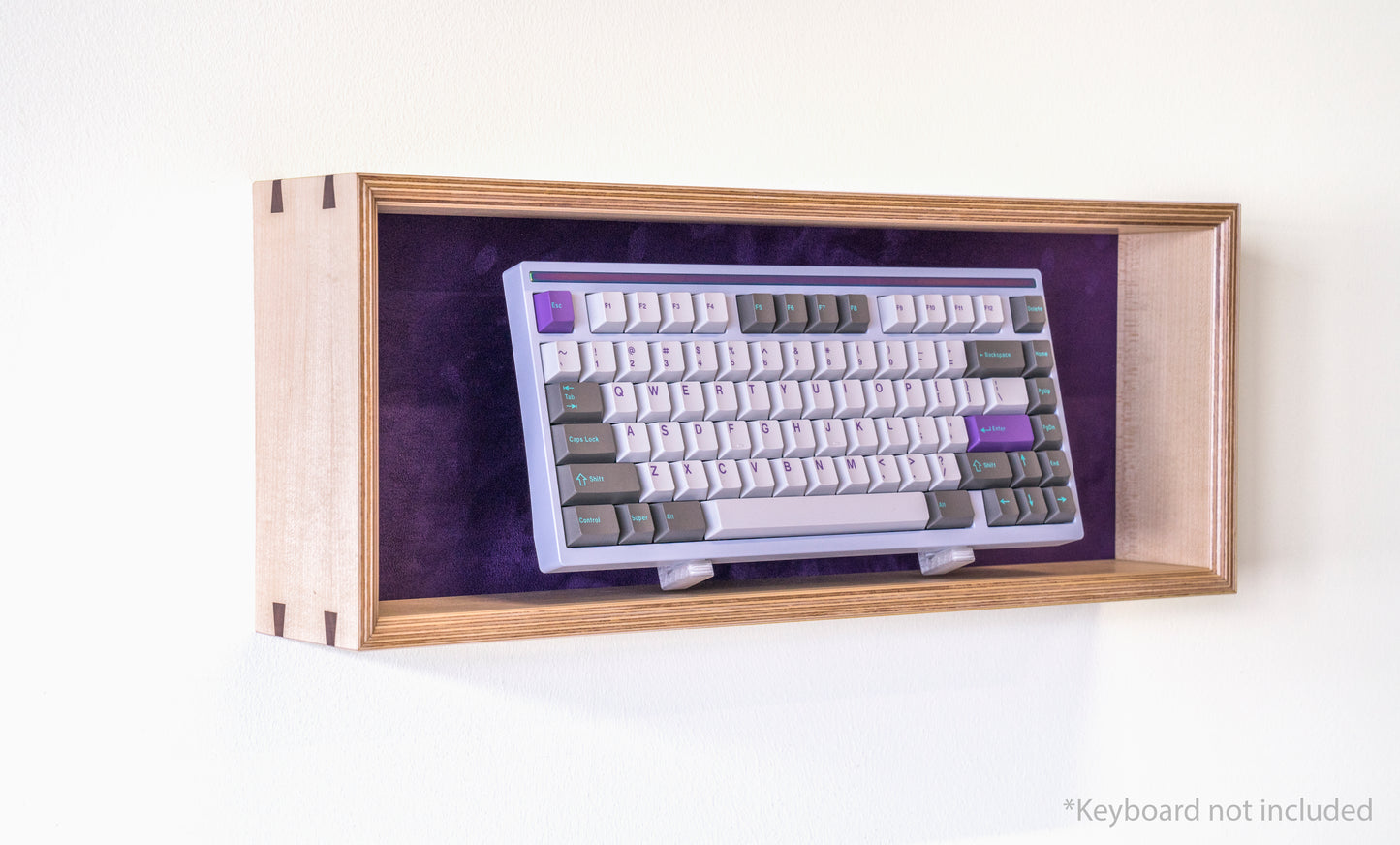 side view of maple and purple display box for mechanical keyboards
