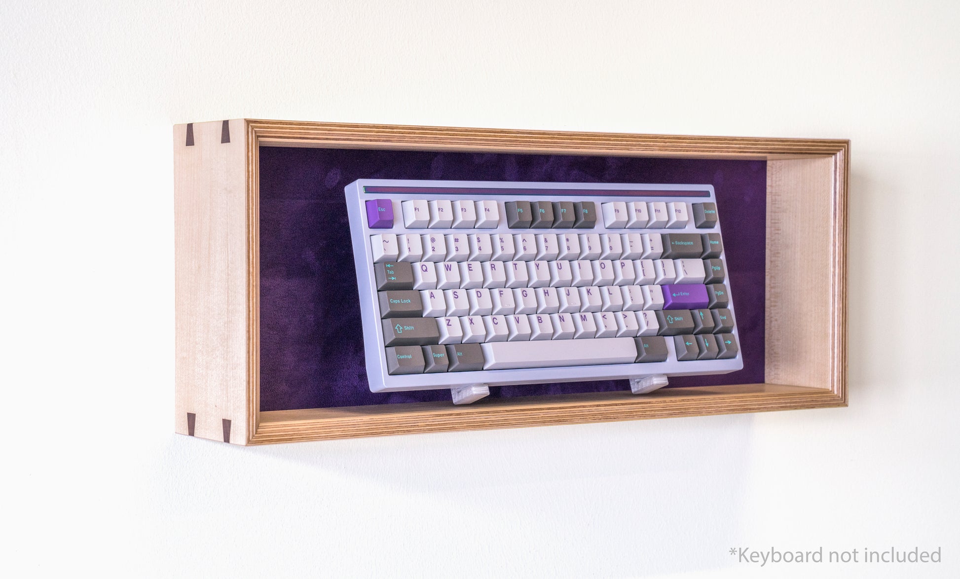 side view of maple and purple display box for mechanical keyboards