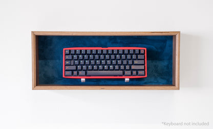 front view of walnut and navy display box for mechanical keyboards