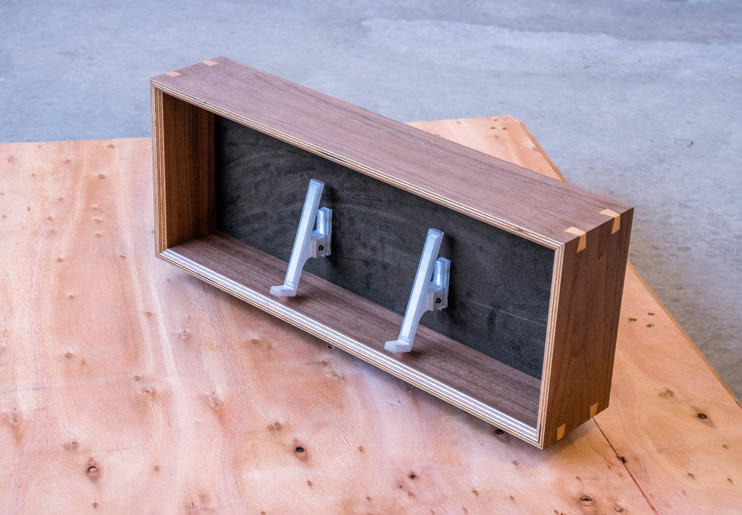 top view of walnut and olive display box for mechanical keyboards