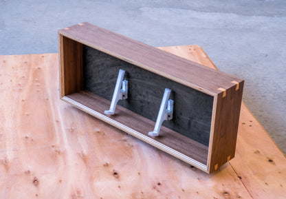 top view of walnut and olive display box for mechanical keyboards