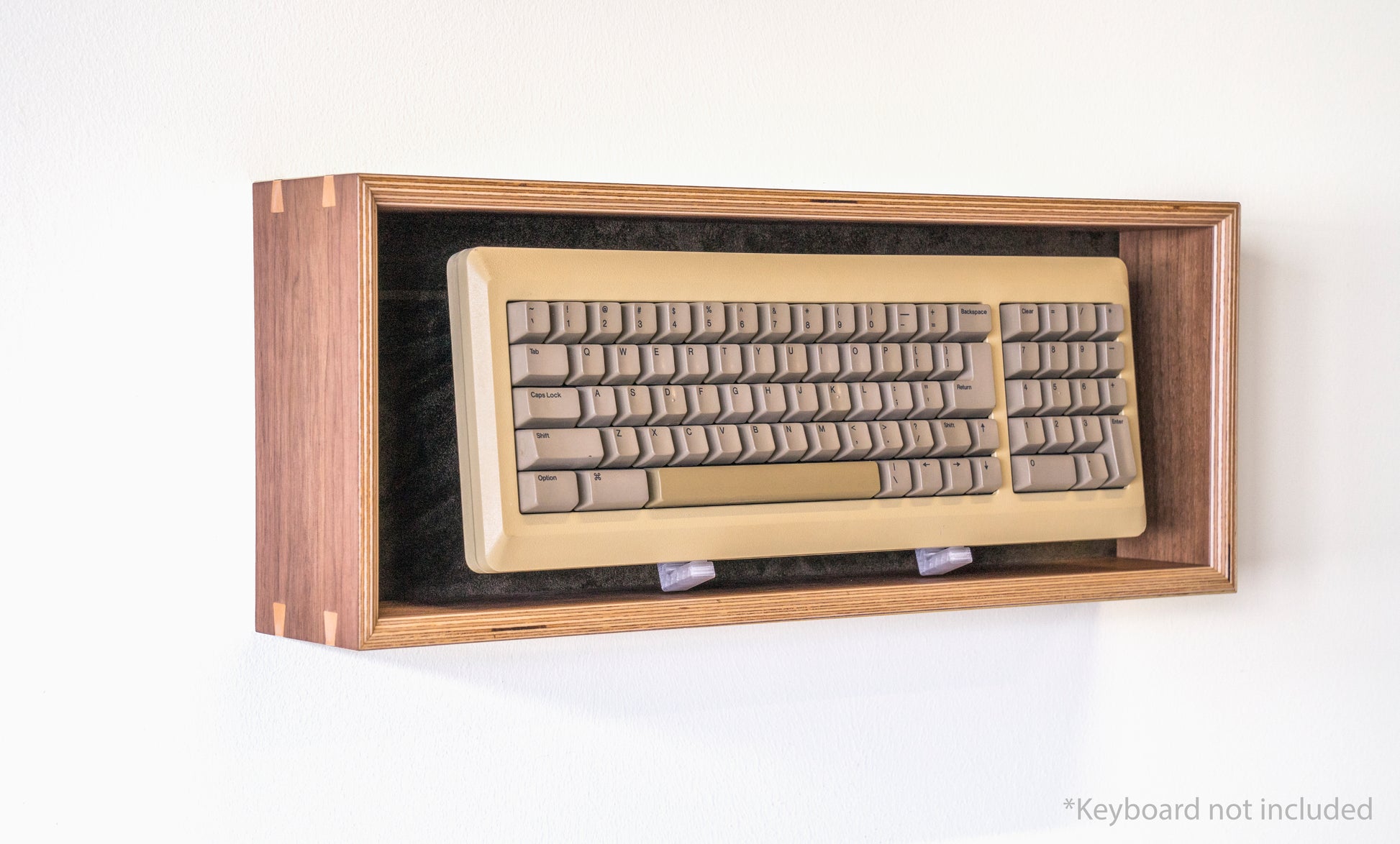 side view of walnut and olive display box for mechanical keyboards